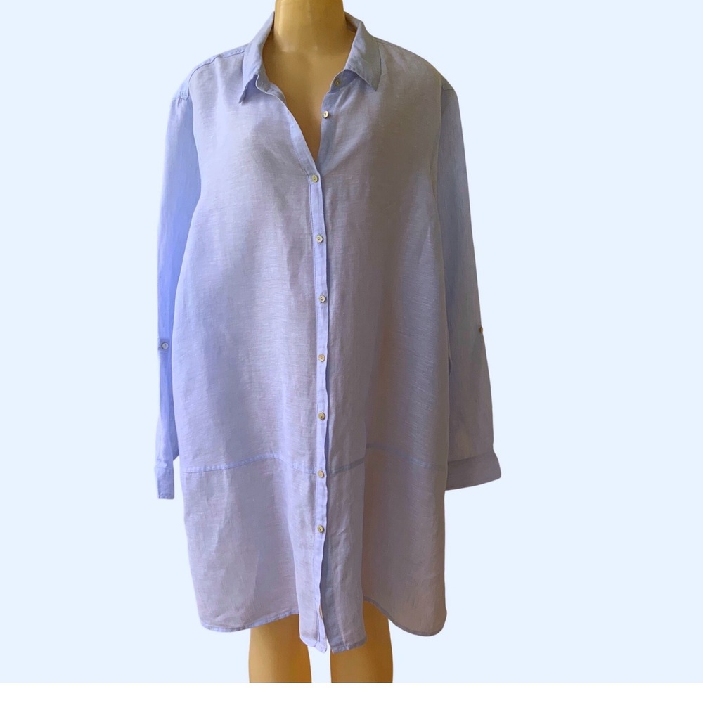 Tahari 100% Linen Blue Button Front Shirt Dress Tunic Oversized Coastal